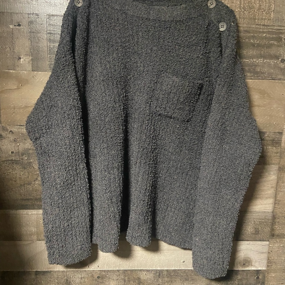 Barefoot Dreams Women’s Charcoal Bouclé Crewneck Sweater w/ Shoulder Buttons XL
